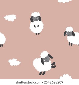 Cute Sheep Seamless Pattern, Cartoon Background vector Illustration.