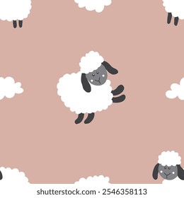 Cute Sheep Seamless Pattern, Cartoon Background vector Illustration.