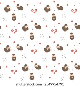 Cute Sheep Seamless Pattern, Cartoon Background vector Illustration.