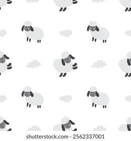 Cute Sheep Seamless Pattern, Cartoon Background vector Illustration.