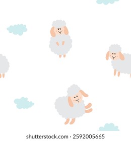 Cute Sheep Seamless Pattern, Cartoon Background vector Illustration.