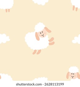 Cute Sheep Seamless Pattern, Cartoon Background vector Illustration.