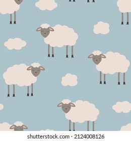 Cute sheep seamless pattern. Funny cartoon animals. Children background with sheep and clouds in Scandinavian style. Vector illustration for fabric, packaging, kids tableware.