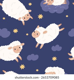 Bonito padrão sem emenda de ovelha. Cordeiros engraçados no céu noturno com estrelas e nuvens, boa noite, contando saltando ovinos têxtil, papel de embrulho, papel de parede. Imprimir para o fundo do vetor de tecido de colza