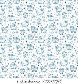 Cute sheep seamless pattern. Hand drawn Doodle Sheep, Rams and Lambs with stars, moon, clouds. Good night background for kids. Sweet dreams Vector illustration