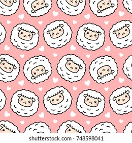 Cute Sheep Seamless Pattern with Heart, Vector illustration