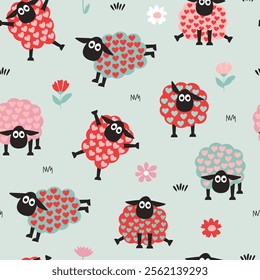 Cute sheep seamless pattern with hearts and flower elements. Sheep vector background.	