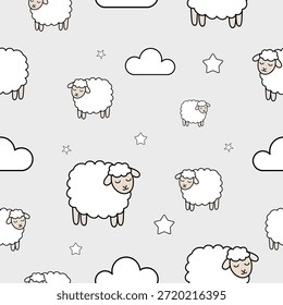 Nettes Schafsmuster, nahtlos auf grauem Hintergrund. Vektorgrafikdruck mit schlafenden Lämmern und Wolken. Handgezeichnete Doodle-Tierdarstellung für Babygewebe, Textilien, Schlafanzüge und Packpapier.