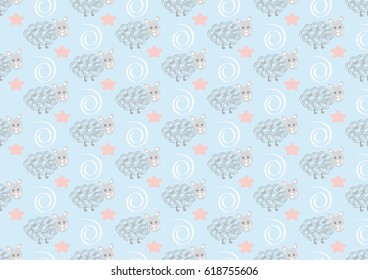 Cute sheep seamless pattern on pink polka dots background. Vector baby sheep illustration for kids holidays.
