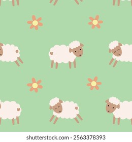 Cute sheep seamless pattern. Cute simple sheep with flowers background for fabric, wrapping, textile