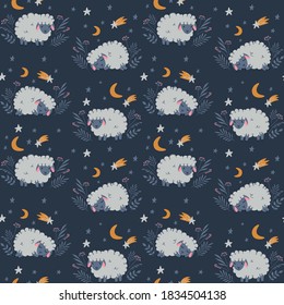 Cute sheep seamless pattern. Sweet dreams, Counting sheeps - Baby nursery collection. Vector