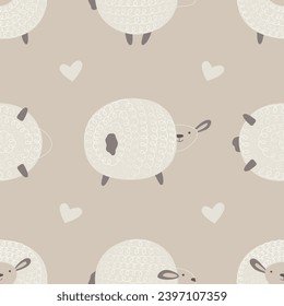 Cute sheep. Seamless pattern. Template for paper, fabric, textile, banner. Vector illustration on isolated background in modern style.