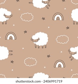 Cute sheep seamless pattern. White lamb, rainbow, stars and clouds. Cartoon farm animals background. Design for prints, fabric, textile, wallpaper, wrapping paper. Vector illustration