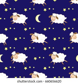 Cute sheep seamless vector night pattern