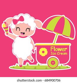 Cute sheep sells ice cream vector cartoon illustration for kid t shirt design, nursery wall, and wallpaper