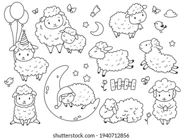 Cute sheep set. Kids coloring page. Hand drawn vector illustration. Black and white clip art.