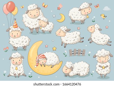Cute sheep set.  Vector characters for birthday, invitation, baby shower card, kids t-shirts and stickers kit. Hand drawn nursery illustration. 