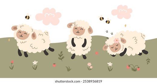 cute sheep set. vector illustration of sheep on the meadow. farm animals