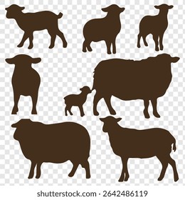Cute Sheep set vector illustration, Cute Sheep silhouette vector. isolated on transparent background.