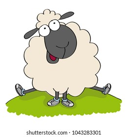 Cute sheep in shoes, sitting on the hill and looking happy - original hand drawn funny cartoon illustration