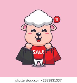 cute sheep with shopping bag in black friday sale cartoon vector illustration