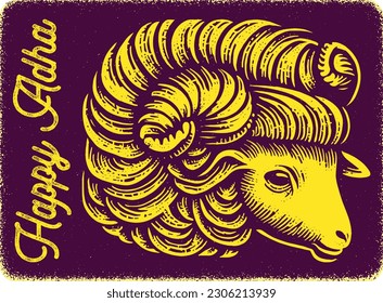 Cute sheep silhouette illustration. Happy Adha, silkscreen vintage illustration, sticker, retro, isolated, poster, card