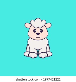 Cute sheep is sitting. Animal cartoon concept isolated. Can used for t-shirt, greeting card, invitation card or mascot.