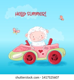 Cute Sheep is sitting in a car
