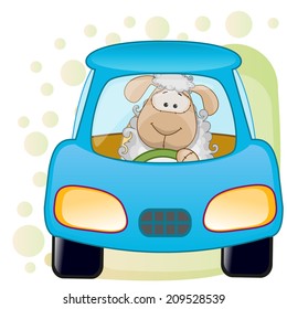 Cute Sheep is sitting in a car 