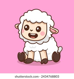 Cute Sheep Sitting Cartoon Vector Icon Illustration. Animal Nature Icon Concept Isolated Premium Vector. Flat Cartoon Style