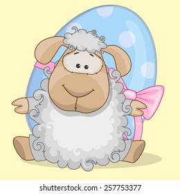 Cute Sheep is sitting on the background of egg 