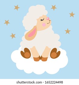 Cute sheep sitting on cloud in blue sky
