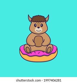 Cute sheep is sitting on donuts. Animal cartoon concept isolated. Can used for t-shirt, greeting card, invitation card or mascot.