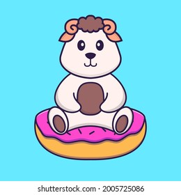 Cute sheep is sitting on donuts. Animal cartoon concept isolated. Can used for t-shirt, greeting card, invitation card or mascot.