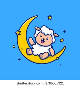 Cute Sheep Sitting On The Moon Cartoon Vector Icon Illustration. Animal Religion Icon Concept Isolated Premium Vector. Flat Cartoon Style.