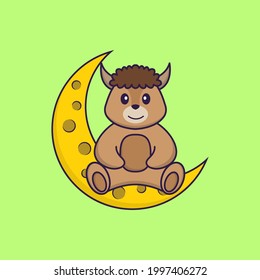 Cute sheep is sitting on the moon. Animal cartoon concept isolated. Can used for t-shirt, greeting card, invitation card or mascot.