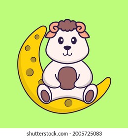 Cute sheep is sitting on the moon. Animal cartoon concept isolated. Can used for t-shirt, greeting card, invitation card or mascot.