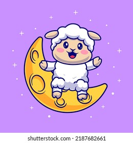 Cute Sheep Sitting On Moon Cartoon Vector Icon Illustration. Animal Nature Icon Concept Isolated Premium Vector. Flat Cartoon Style