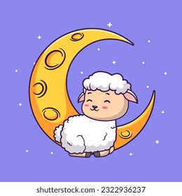 Cute Sheep Sitting auf Mond Cartoon Vektorsymbol Illustration. Animal Holiday Icon Konzept isolierter Premium Vektor. Flachbildkartonstil