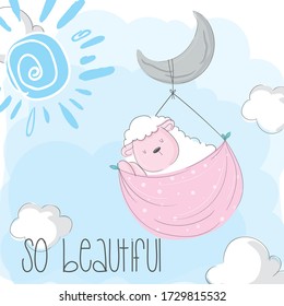 Cute sheep sleep in the moon illustration for kids