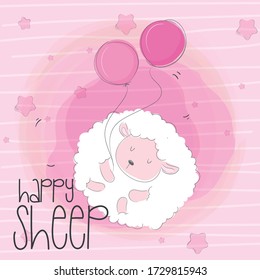 Cute sheep sleep in the sky illustration for kids