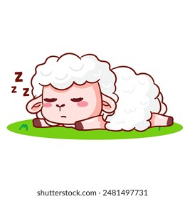 Caricatura de ovejas lindas durmiendo. Adorable y Kawaii Animal Ilustración vectorial. Fondo blanco aislado. Diseño de Concepto de Mascota de Icono.