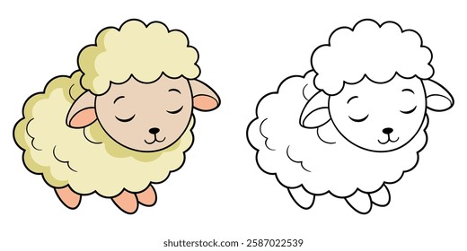 Cute Sheep Sleeping Cartoon Isolated Coloring Book For Kids Printable Outline Vector