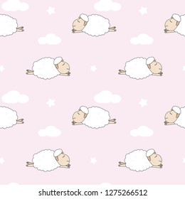Cute sheep sleeping and cloud seamless pattern on pink background illustration