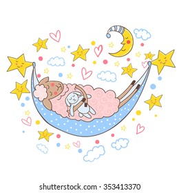 Cute sheep sleeping in a hammock with toy bunny. Vector illustration.