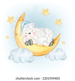 Cute Sheep Sleeping On Crescent Moon Watercolor