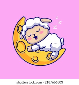 Cute Sheep Sleeping On Moon Cartoon Vector Icon Illustration. Animal Nature Icon Concept Isolated Premium Vector. Flat Cartoon Style