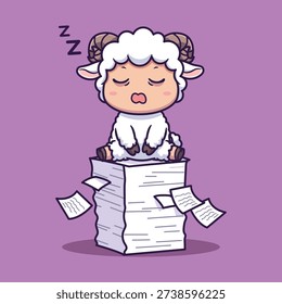 Cute Sheep Sleeping on Paper Stack Vector Illustration