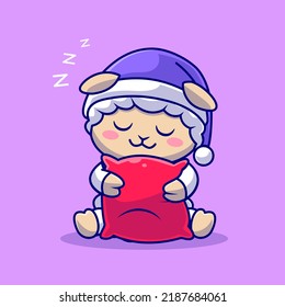 Cute Sheep Sleeping With Pillow Cartoon Vector Icon Illustration. Animal Nature Icon Concept Isolated Premium Vector. Flat Cartoon Style