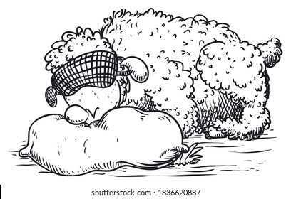 Cute sheep sleeping in a pillow, wearing a sleep mask and dreaming.